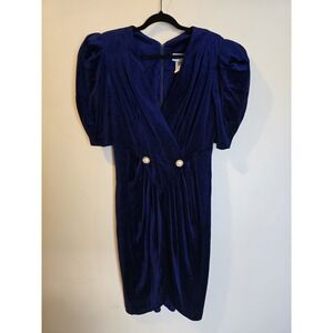 Vintage 80s 90s Navy Velvet Gold Accent Puffy Sleeve Mini Prom Evening Dress